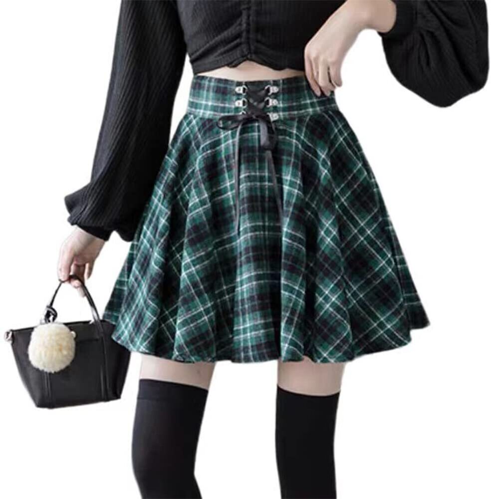 1449 High Waisted A-line Flare Gothic Mini Plaid Pleated Kawaii Short Skirt